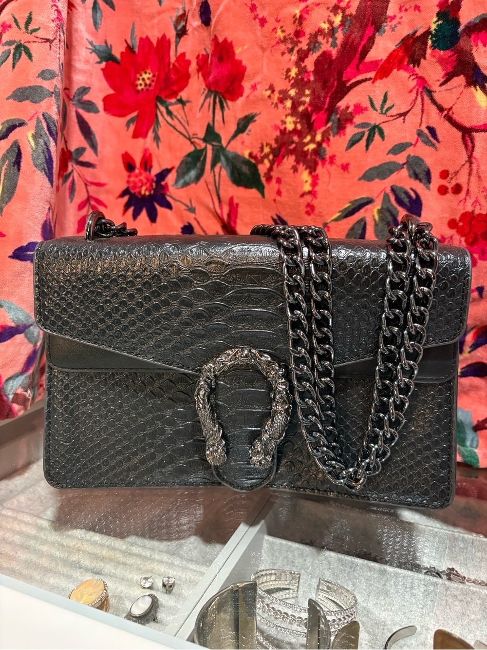 Black Snake-Embossed Chain Shoulder Bag